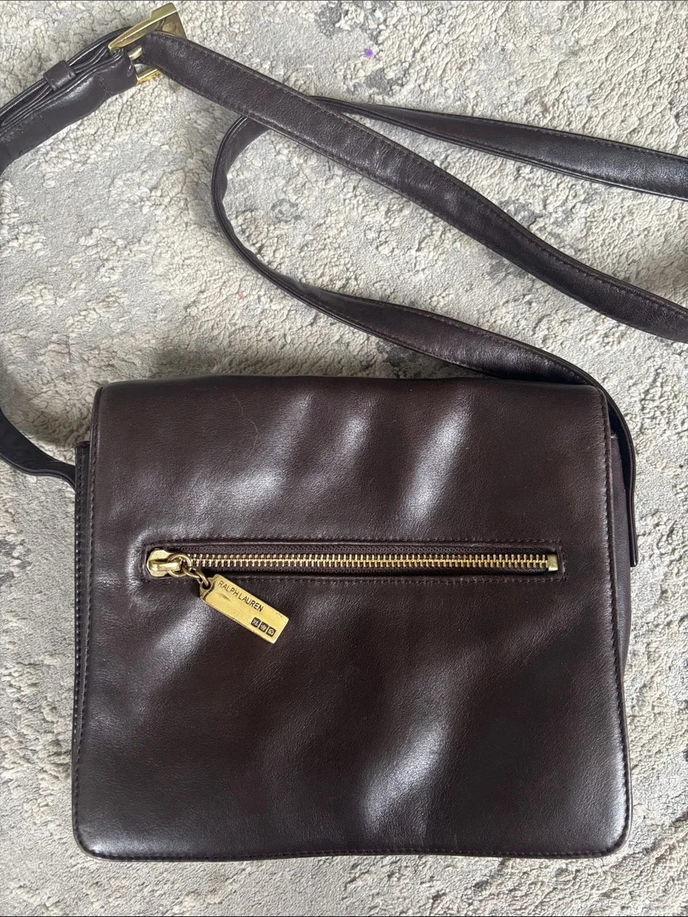 Vintage Ralph Lauren Dark Brown Leather Messenger Bag with Gold Hardware